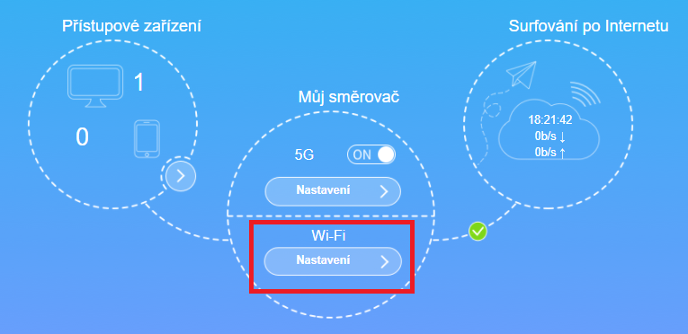 Výběr sekce Nastavení v modemu 5G