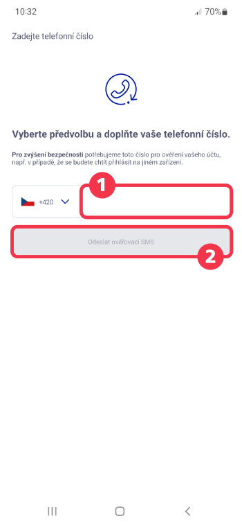 Zadání telefonního čísla pro odeslání ověřovací SMS