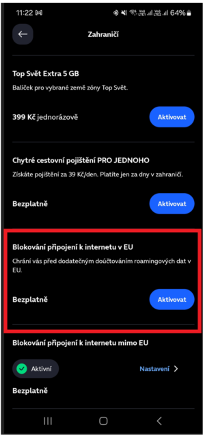 Moje O2 sekce zahraničí Blokace