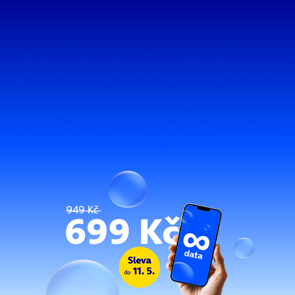  lidská ruka držící telefon se symbolem nekonečna, na modrém pozadí je cena 699 Kč